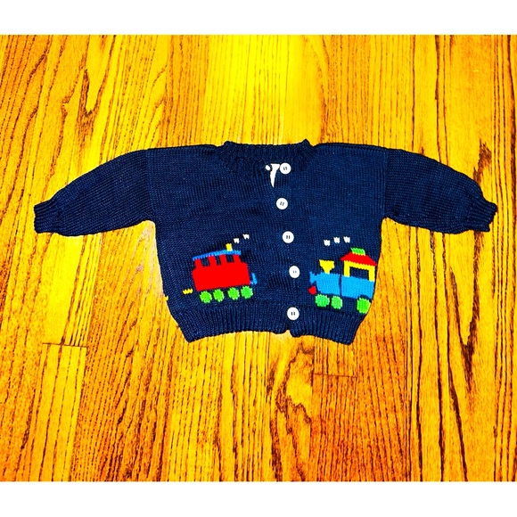 Kids 12 Months Cardigan Sweater Blue Navy Train Button Up Top Shirt - Picture 1 of 4